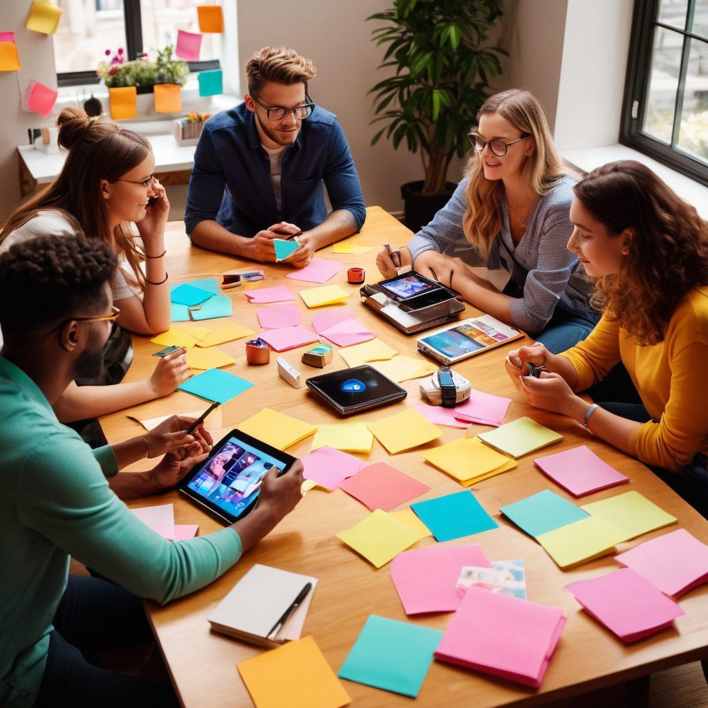 A dynamic scene featuring a diverse group of content creators brainstorming ideas for viral vlogs. There are modern gadgets like cameras and smartphones on a vibrant table, with colorful sticky notes highlighting strategies. The background shows various screens displaying popular video content to inspire creativity. Include a warm, engaging atmosphere with soft lighting, suggesting collaboration and excitement. super-realistic. vibrant colors. 3D.