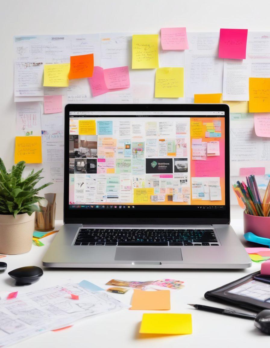 A vibrant workspace filled with diverse multimedia tools like cameras, microphones, and laptops. Include a dynamic creator in action, editing video clips on a laptop surrounded by colorful sticky notes and storyboards. Showcase animated graphics swirling around to represent creativity and innovation. The background features inspirational quotes about content creation in elegant typography. super-realistic. vibrant colors. white background.