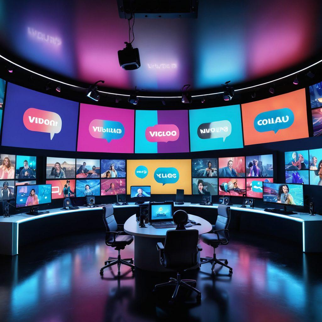 A futuristic video production studio filled with high-tech cameras and vibrant screens showcasing various vlogs in a multimedia format. A diverse group of content creators brainstorming and collaborating, with ideas visually represented as colorful thought bubbles. The background features abstract elements symbolizing digital connectivity and creativity. Lighting should be bright and engaging to evoke inspiration. super-realistic. vibrant colors. 3D.